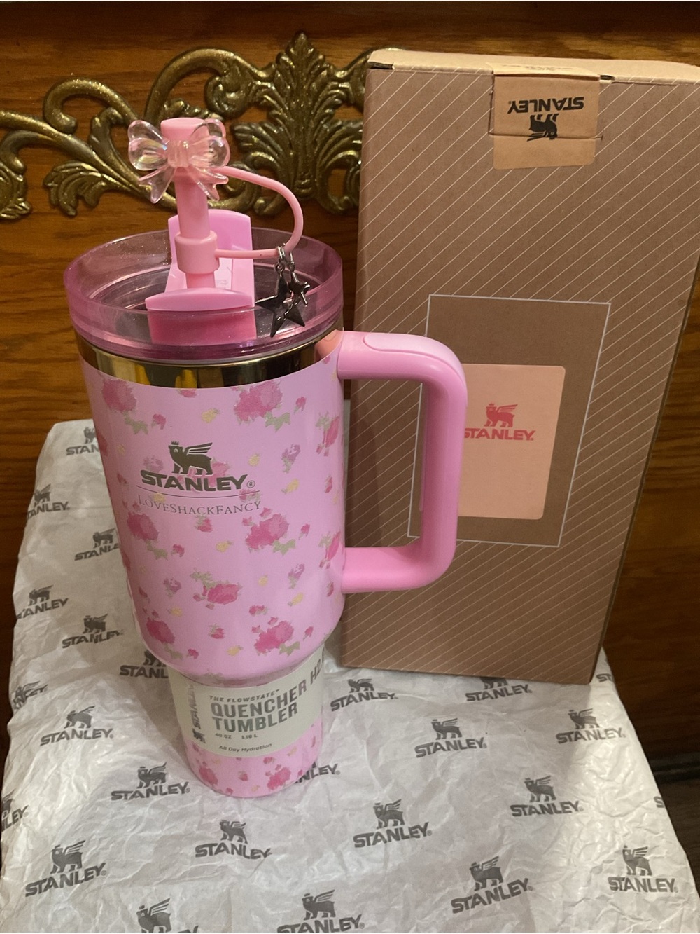 Stanley Loveshack Fancy Pink Floral Quencher Tumbler with Handle and Straw Charm